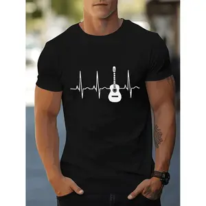 Stylish Men S Round Neck Short Sleeve Tee Featuring Guitar Heartbeat Line Design Ideal for Music Lovers and Casual All Season Wear