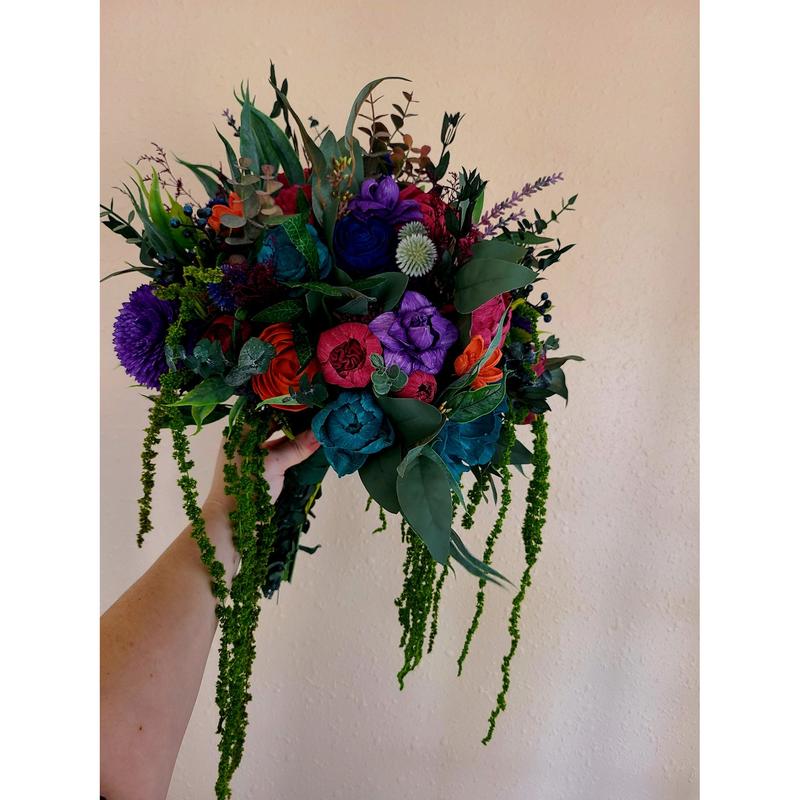 Moody Jewel Toned Wood Flower Bouquet, Teal and Purple Sola Bride Bouquet, Hanging Greenery Bouquet