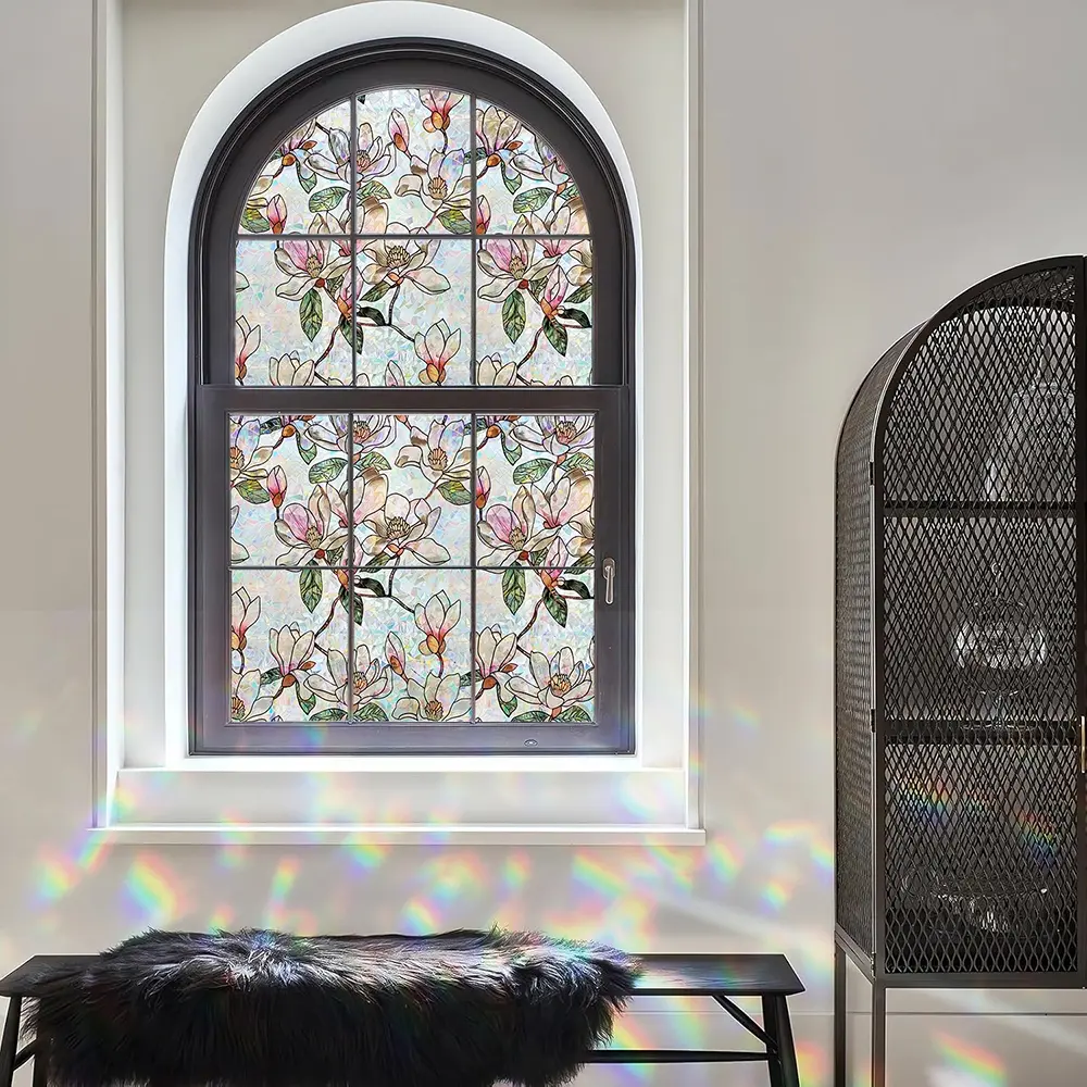 Rainbow Floral Pattern Decorative Removable Window Film, UV Protection Privacy Film, Static Adhesive Glass Membrane, Insulating Door and Window Decor, Home Decor