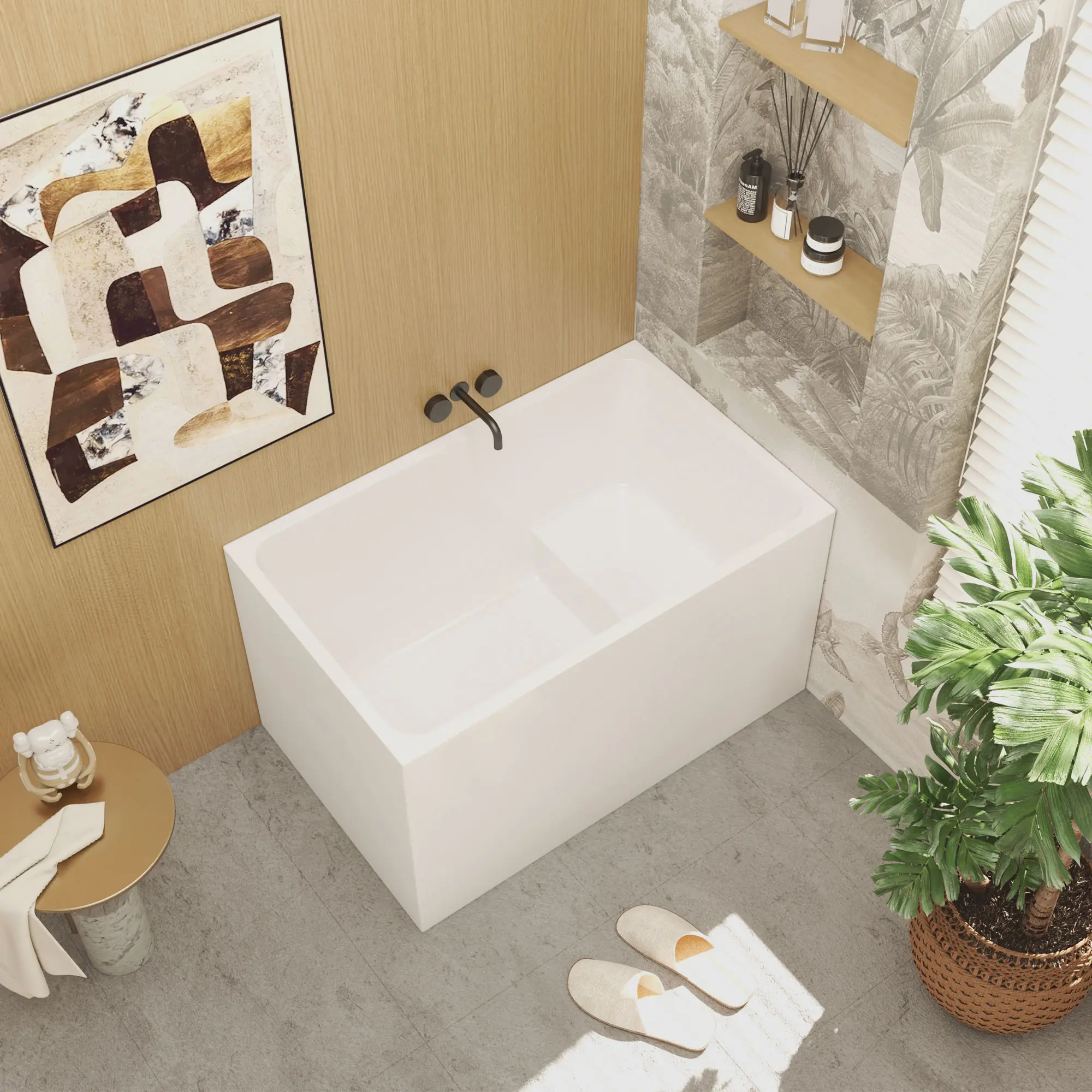 43-Inch Acrylic Freestanding Soaking Bathtub with Built-In Seat, Gloss White Rectangle, Left Drain, Chrome Overflow & Pop-Up Drain, Compact 27.6"W x 43.3"D x 24.8"H, CE & CUPC Certified