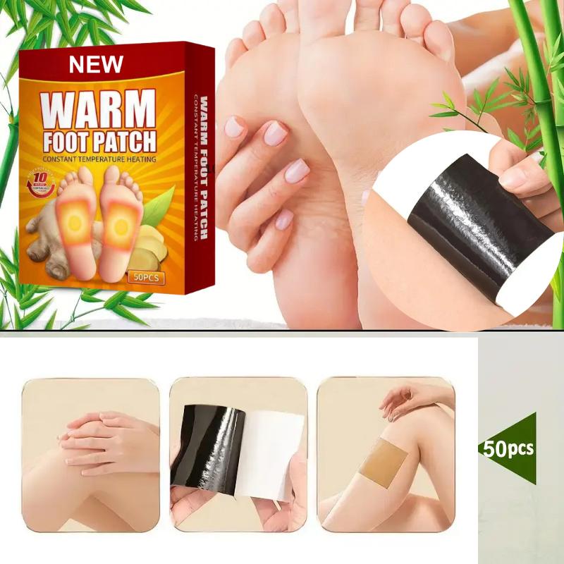 50 self-heating ginger patches covering shoulders, neck, waist, back, hands, feet, knees, and joints. Heat pads (12 x 8 cm) for lymphatic support and blood circulation.