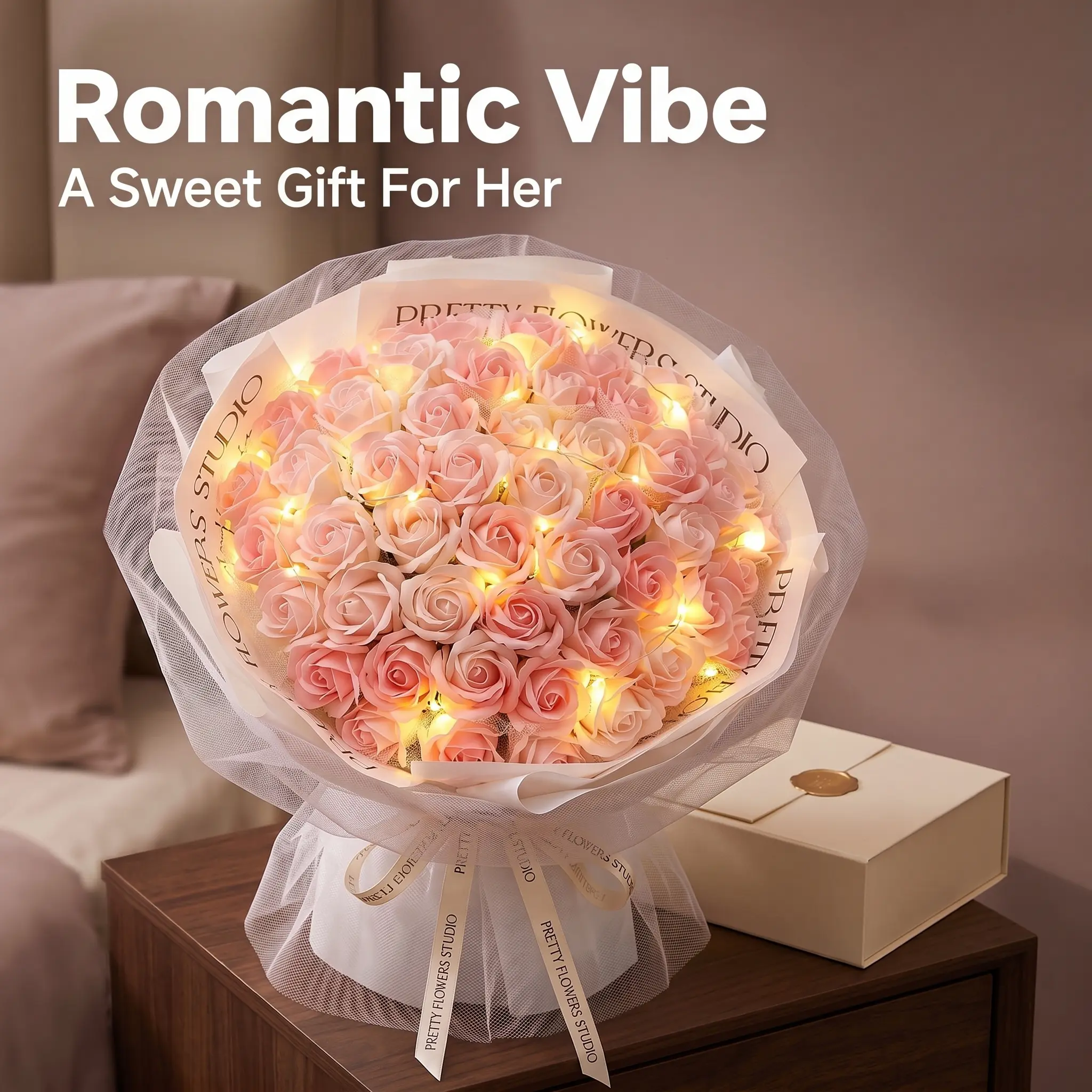 52 Roses Soap Flower Bouquet with LED Lights, Romantic Gift for Her, Valentine's Day & Anniversary Gift for Girlfriend, Long Lasting Decor Bouquet, Faux Rose Bouquet, Home Table Decor, Birthday Gift for Her, Wedding Party Decor