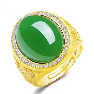 Open Oval Egg-shaped Coin Ring Inlaid with Gold Coins and Diamonds, Jade Spinach Green Ring