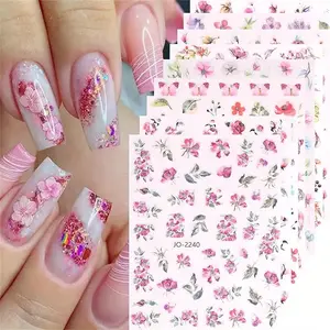 Floral Pattern Glitter Nail Art Sticker, 9 Counts Self Adhesive Nail Decal, Nail Art Decoration for Women & Girls