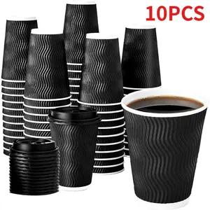 10 Pack Coffee Cups with Lids – Insulated Corrugated Paper Cups for Hot/Cold Drinks | Disposable Cups for Water, Juice, Coffee – Perfect for Takeaway & Office