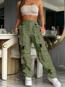 New Women's Adjustable Drawstring Workwear Pants, Dual Zipper Multi-Pocket Casual Sporty Trousers, Loose-Fitting Spring & Fall Fashion