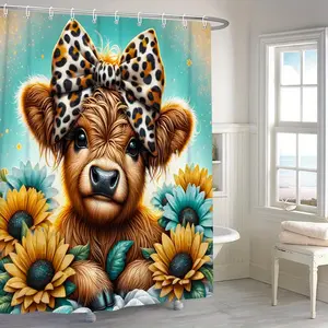 4-piece cow print and leopard print bathroom set, including shower curtain, non-slip mat, U-shaped mat, and toilet seat cover - animal-themed decor, comes with 12 hooks, durable carpet and bathroom accessories
