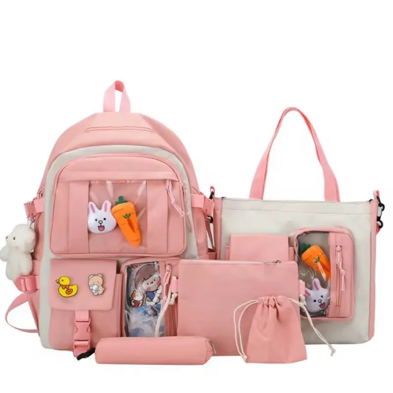 5-Piece Waterproof School Backpack Set for Girls – 15 Inch, Large Capacity, Cute Student Bag