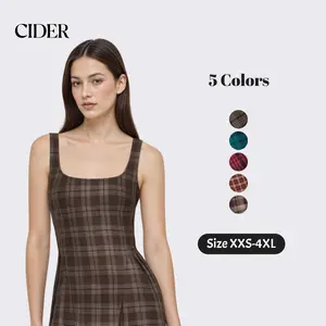 Cider Square Neck Check Pleated Zipper Maxi Dress