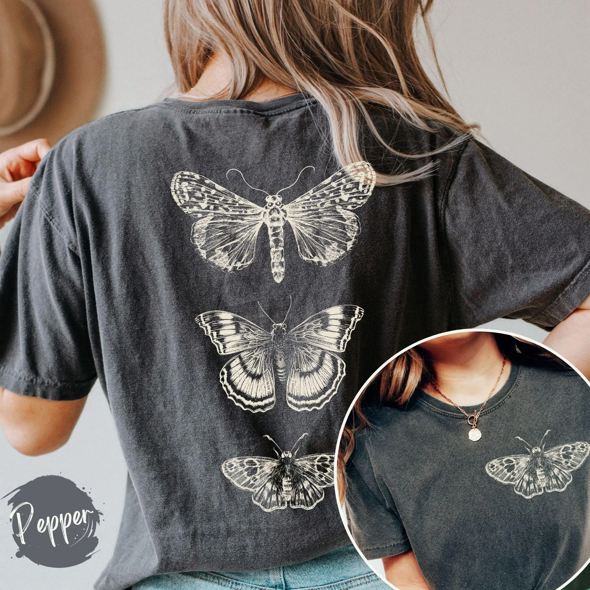 Comfort Colors Moth shirt 100 percent t-shirt, cottagecore tshirt goblincore clothes design on back dark academia boho butterfly shirt Printed Oversized shirts women vintage graphic tees women's shirts