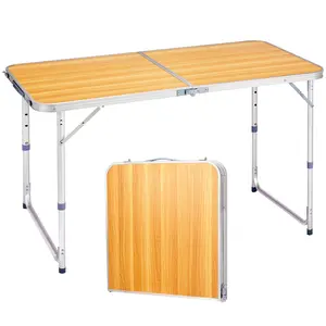 summervibes Karlhome 4ft Wood Grain Aluminum Alloy Folding Table, Foldable Outdoor Desk, 2-Fold Design, 50kg Load Capacity