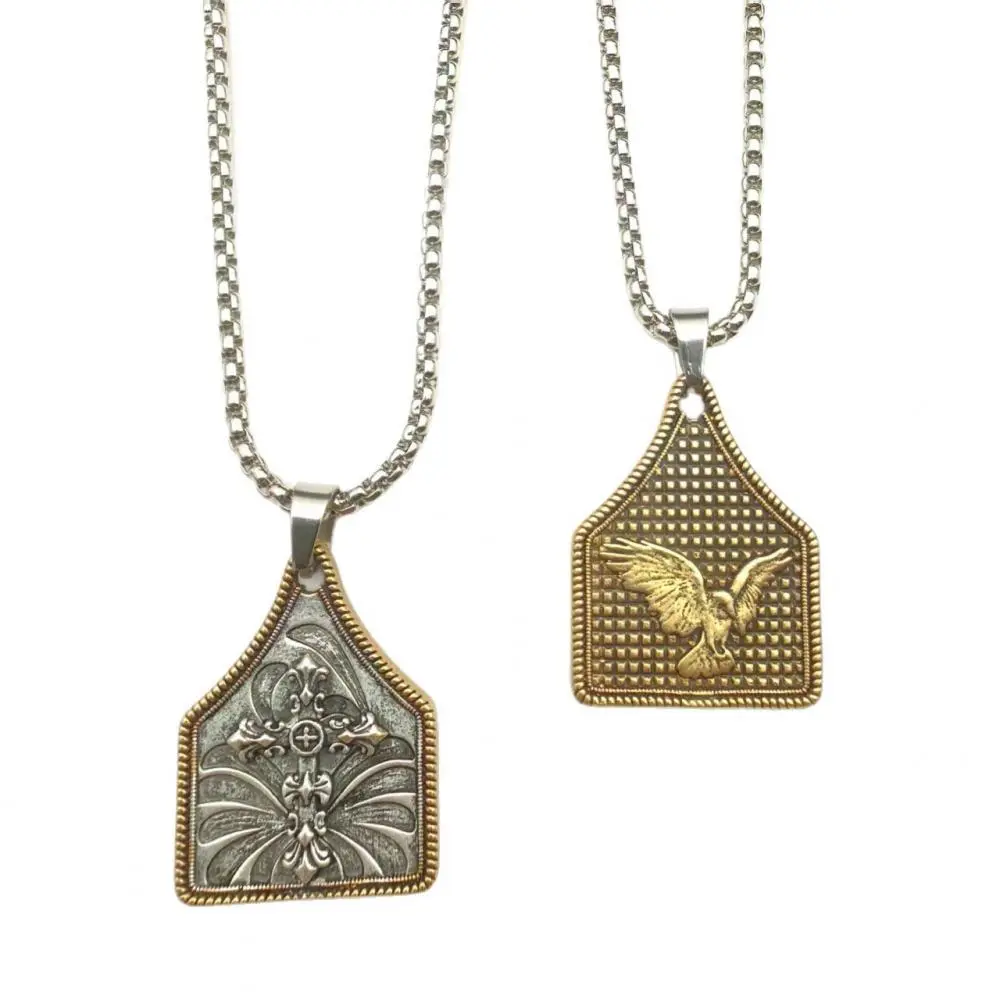 Copper Metal Vintage Geometric Carved Cross Pendant Necklace, 60cm Western Cowboy Style Accessory, Carved Cross Necklaces, Country Western Necklaces