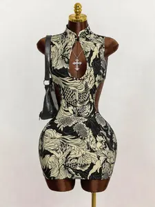 Elegant Summer Dress for Women, Floral Print Button Backless Design, Sleeveless Bodycon Style, Perfect for Daily Wear, Backless Fitted Dress