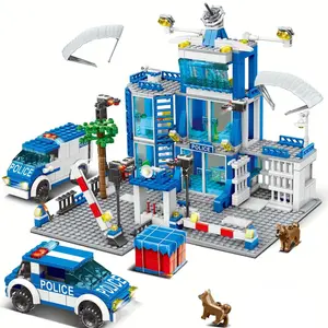 Blue Police Building Blocks Set with Two Cars and Accessories, City Scene Toy for Kids, Birthday Gift, Desktop Decoration