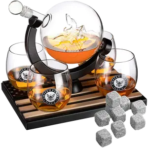 U.S. Navy Globe Whiskey Decanter Set with 4 Liquor Glasses - Navy Veteran Gift Set with Wood Base and 9 Whiskey Stones - Navy Gifts for Men, U.S.A Flag - Bourbon and Scotch Military Gifts for Dad