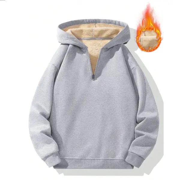Men's Half-Zip Hoodie - Autumn Winter Loose Fit Long-Sleeve Plain Pullover Tops, Valentine's Day Menswear Fleece Sweatshirts, Beige