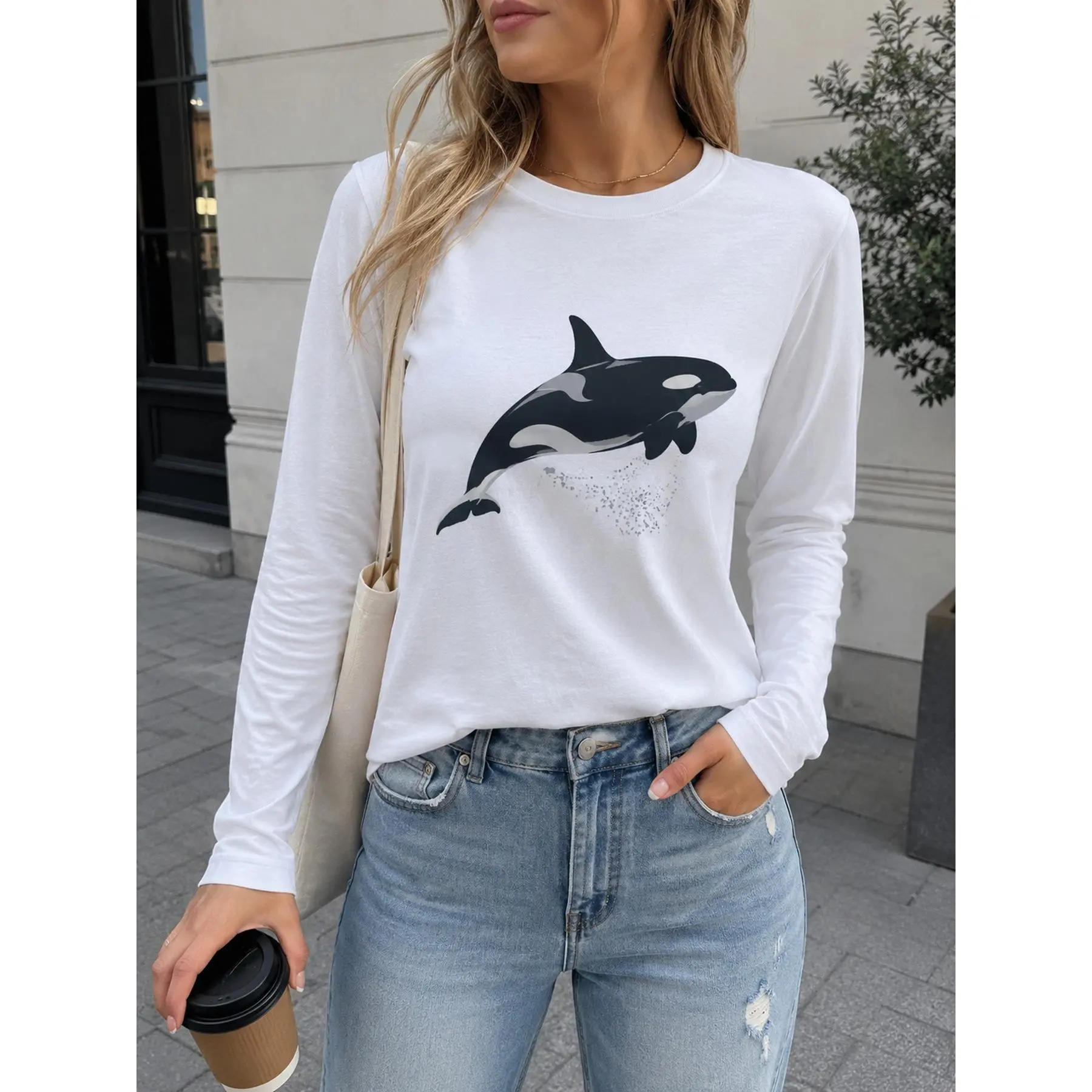 Orca Graphic Long Sleeve T-shirt, Marine Life Printed Top, Whale Design Graphic Tee, Wildlife Lover Style, Casual Crew Neck Pullover, Nature Inspired Fashion, Comfortable Relaxed Fit, Trendy Everyday Wear, Essential Basic