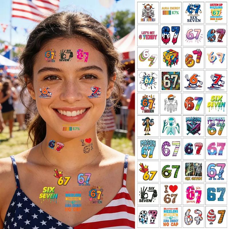 40PCS 67 Meme Temporary Tattoos Unique Designs for Kids Party Supplies Colorful 67 Stickers Back To School Gift Waterproof Non Toxic Safe Materials Easy Application
