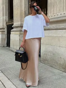 Women's Spring Summer Plain Skirt, Elegant Fashion Casual Silk Fabric Lightweight Skirts, High Waist Midi Skirt for Daily Outdoor Wear