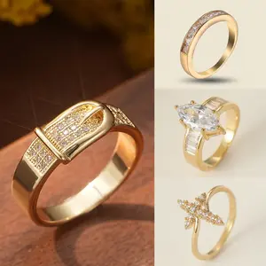 Micro-Pavé White Zircon Ring — Stylish Gold-Tone Belt Buckle Design — Creative, Versatile Accessory