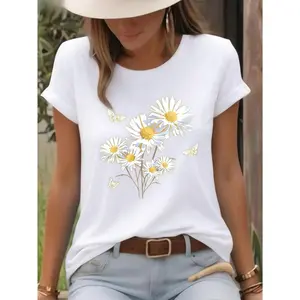 2026 Women's Round Neck Casual T-Shirt, White Daisy And Butterfly Print T-Shirt, Fresh And Natural Style, Countryside Floral And Insect Design, Round Neck Top, Breathable, Lightweight And Comfortable, Perfect For Spring And Summer, White Tops