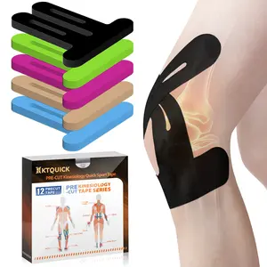 PreCut Kinesiology Tape for Knees, 12 PCS Waterproof KTQUICK Knee Tape for Knee Pain Relief Pre Cut, Original Cotton Athletic Knee Tape, Waterproof & Hypoallergenic Latex-Free for Sports (Black)