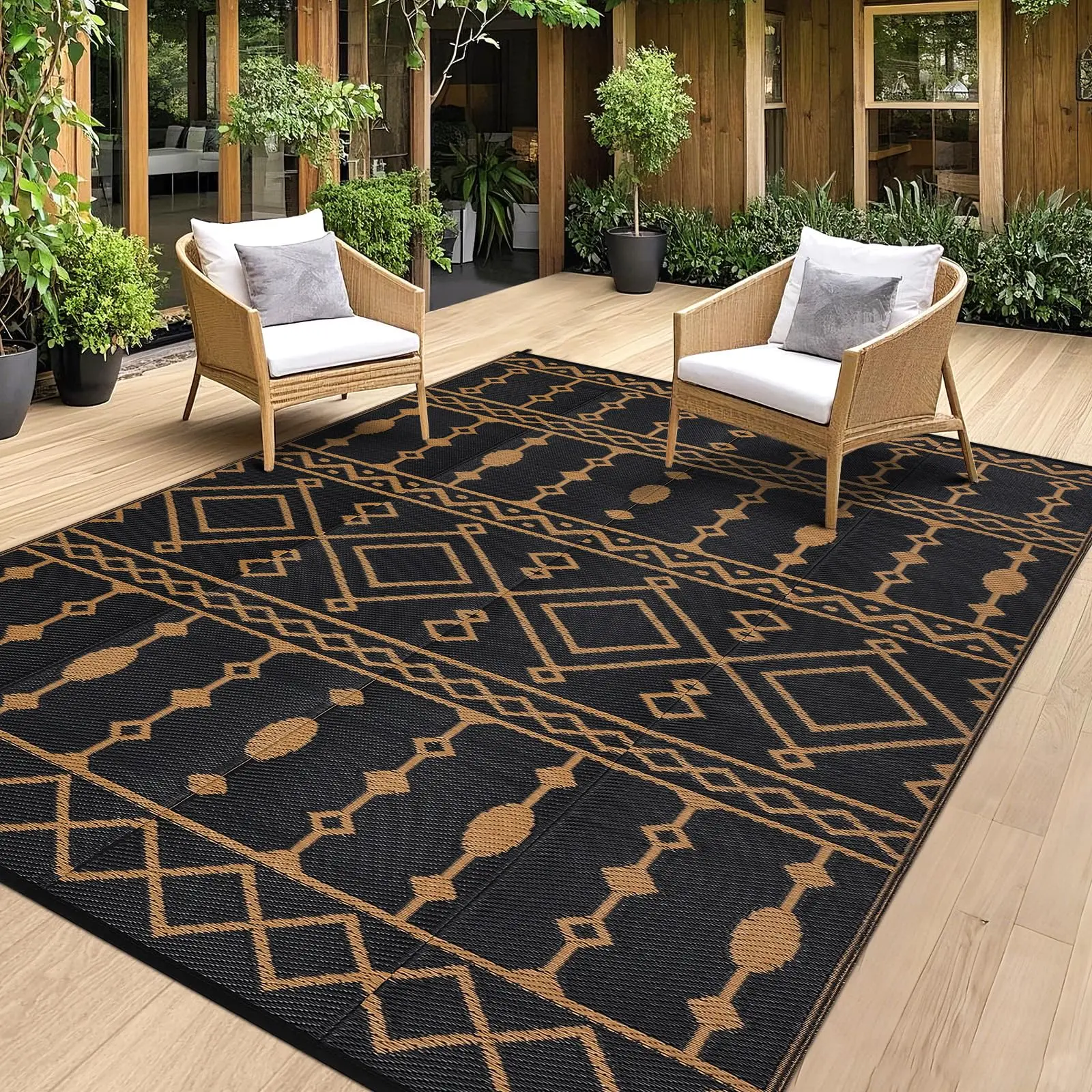 GARVEE Outdoor Rug, 9x12 FT Reversible Plastic Straw Patio Camping Rugs, Waterproof Large Floor Mat and Rug for Outdoors, Outside Carpet for Rv, Deck, Camper, Picnic, Black & Brown