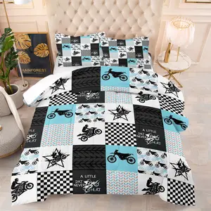 Boys Dirt Bike Motocross Theme Comforter Set,Includes 1 Comforter & 1-2 Pillowcases,Off-Road Racing Print Bedding Set,Checkered Flag & Star Accents,Soft Cozy Bedding for Kids Bedroom,Dorm Decor,Ideal Gift for Dirt Bike & Motocross Lovers