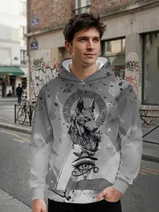 Men's hoodie with 3D digital print of Egyptian totem art, full-print design, eye-catching for daily outings and music festivals, an ideal festival gift for men