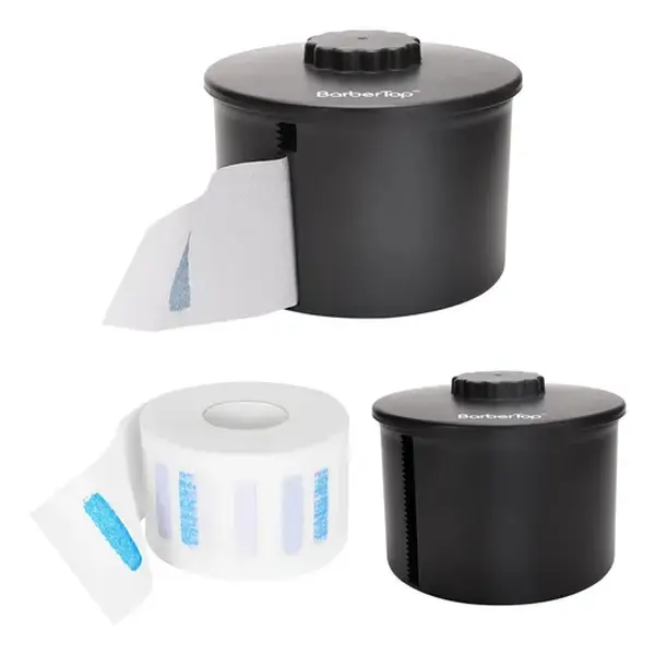 Barber Neck Strip Dispenser Set - Plastic Dustproof Holder with 100 Unscented Paper Strips, Easy-Pull Design, Heatless Haircare Equipment with Side Outlet for Salons, Convenient Neck Dryness & Hair Protection