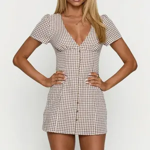 Women's Plaid Print V Neck Shirt Dress, Casual Short Sleeve Button Dress for Daily Wear, Ladies Clothes for All Seasons Womenswear Brown