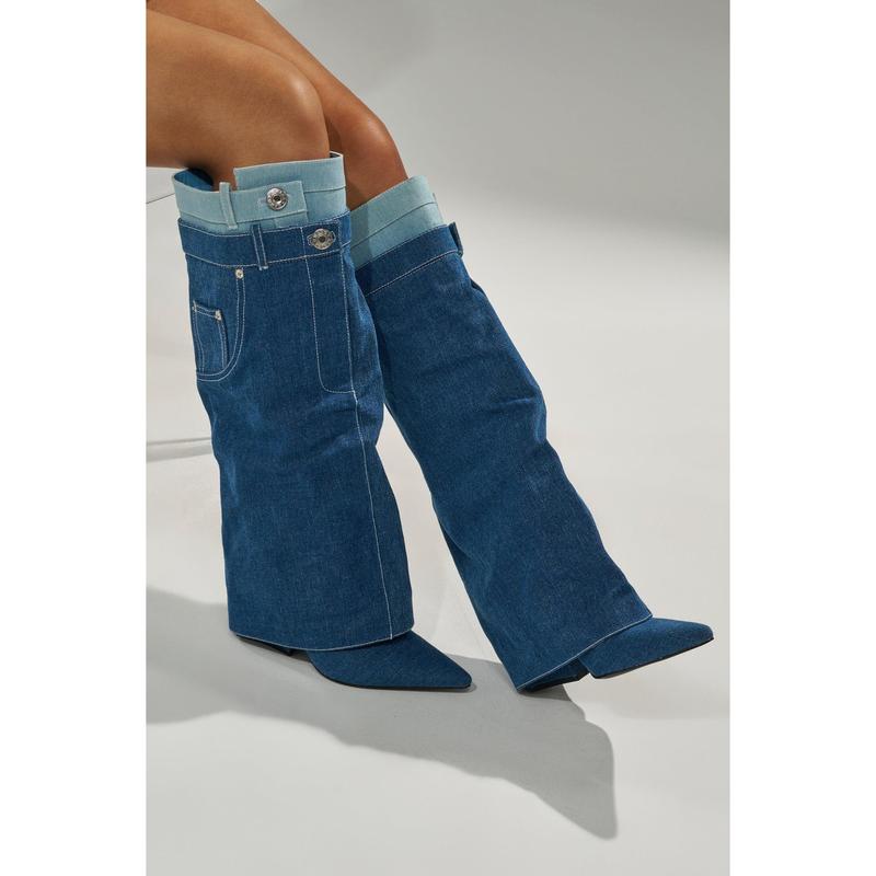 AZALEA WANG DOUBLE FLY DENIM CHUNKY BOOT