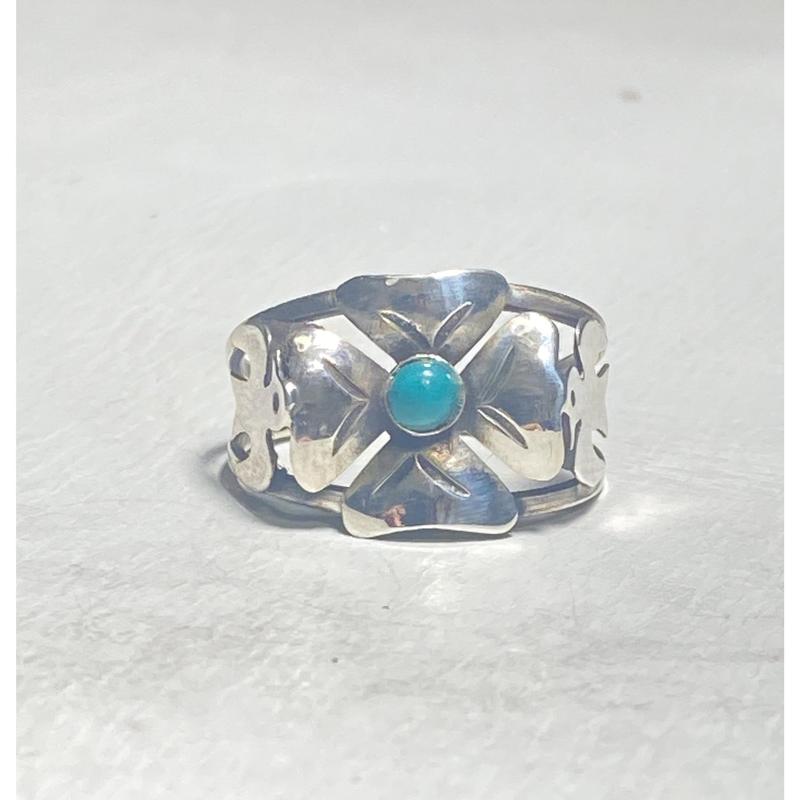 Turquoise ring size 8.25 flower bird 4 leaf clover good luck Mexico sterling silver band women girls