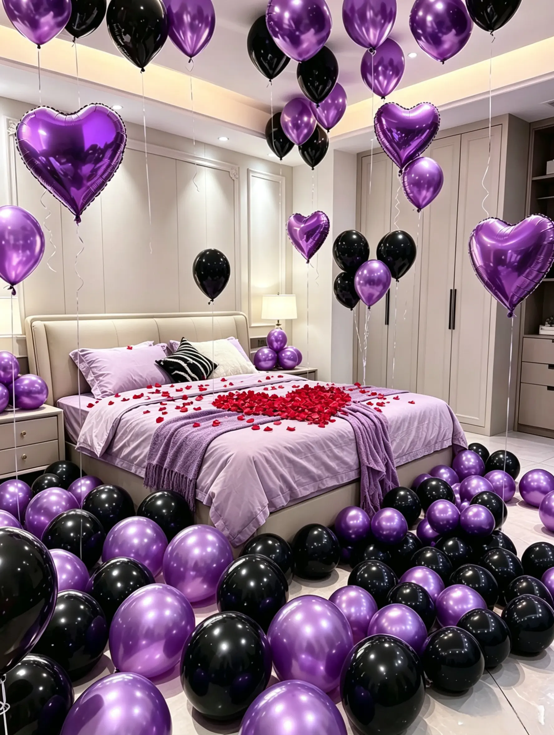590pcs Women's Purple Birthday Decoration Set - Designed For Women's Birthday Celebrations, Silver "Happy Birthday" Banner, Black Heart-Shaped Foil Balloons, Soft Purple Thick Latex Balloons, Perfect For Birthday Party Decor, Anniversary, Hotel Midnight