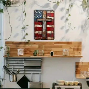 Rustic American Flag & Cross Aluminum Wall Art - 8x12 Vintage Metal Sign with "In God We Trust" Motto, Perfect for Home, Church, or Office Decor - Inspirational Gift for Christians, Patriotic Wall Decor |   Vintage American Flag Design |   Durable Wall Ha