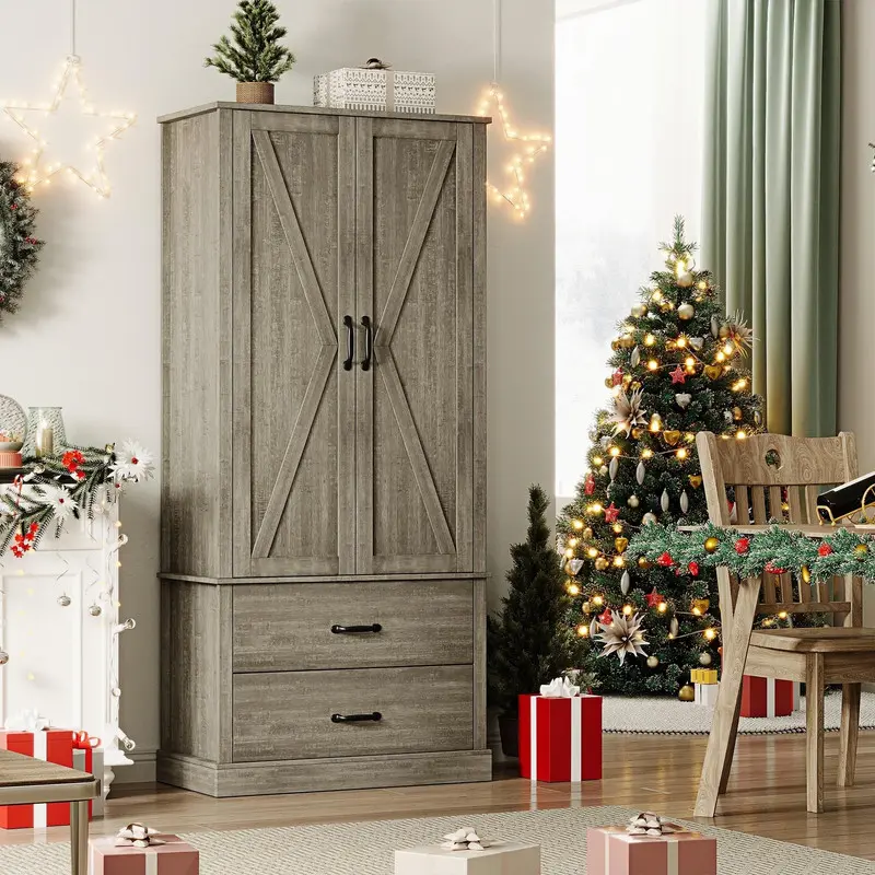 Rustic Grey Barn Door Home Storage Cabinet - Freestanding Farmhouse Commercial Furniture with Sturdy Base, 2 Drawers, Drawer Slide Rail, Doors, Shelves, Microwave Stand, Multi-Use Hutch (Kitchen Cupboard for Kitchen, Living Room)