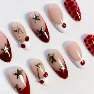 Press On False Nails - Long Almond Red Cherry, Y2K Burgundy Croc, Gold Star, Simple French, Birthday Nail Art Decorations for Beauty & Personal Care