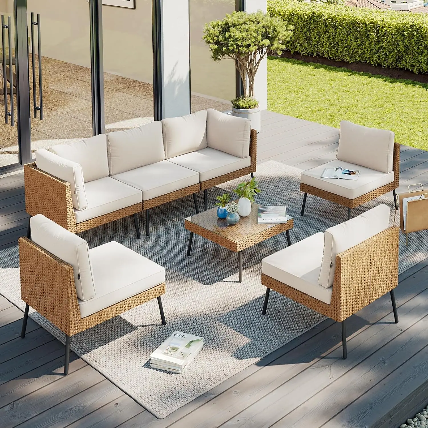 Aoxun 7-Piece Patio Furniture Set, Wicker Outdoor Furniturewith Water Resistant Thick Cushions, Patio Conversation SetOutdoor Sectional Sofa with Coffee Table for BackyardPoolside