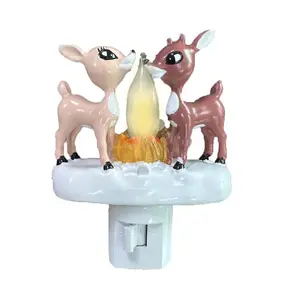 Christmas Reindeer Campfire Night Light, LED Artificial Fire Lamp, Resin Craft Christmas Decoration, Flickering Flame, Home Decor Atmosphere Lamp