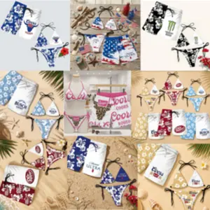 Matching Monster Floral Swimsuits for Couples -Swim Bra & Tie Side String Bikini + Men's Hawaiian Shorts, Summer Vacation Swimsuit