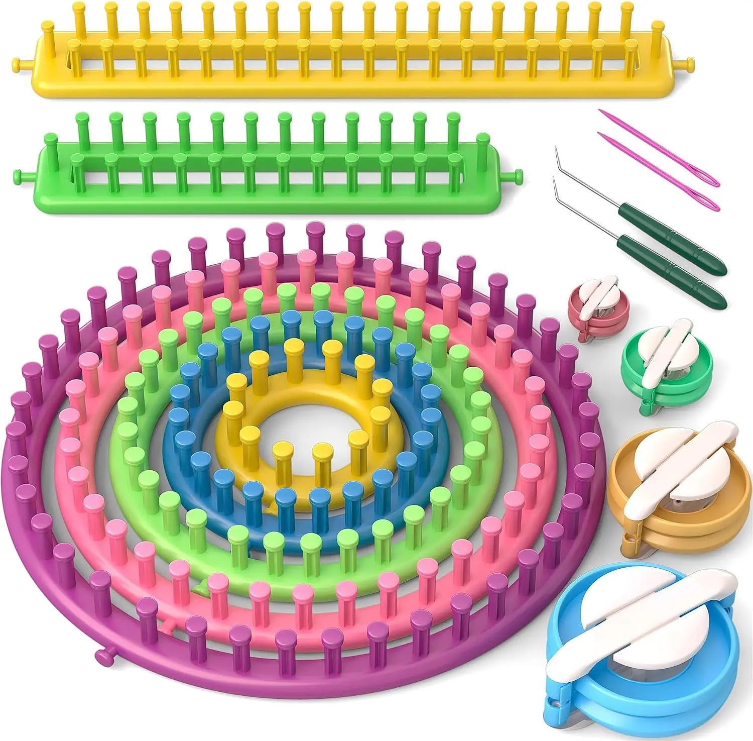 READAEER Knitting Loom Kit with Pompom Maker, Round Knitting Loom for Hat, Rectangular for Blanket Scarf Shawl, Knitting Loom Kit for Beginner Gift