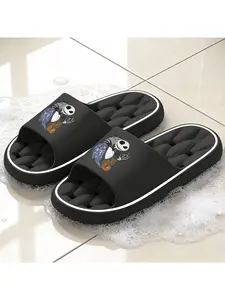 Halloween Jack Skellington Print Hollow Out Slippers Unisex Summer Outdoor Slides With Pumpkin Bat Elements Vacation Beach Shoes Non Slip Soft Sole Home Slippers Big Size Festival Style Fashion Footwea