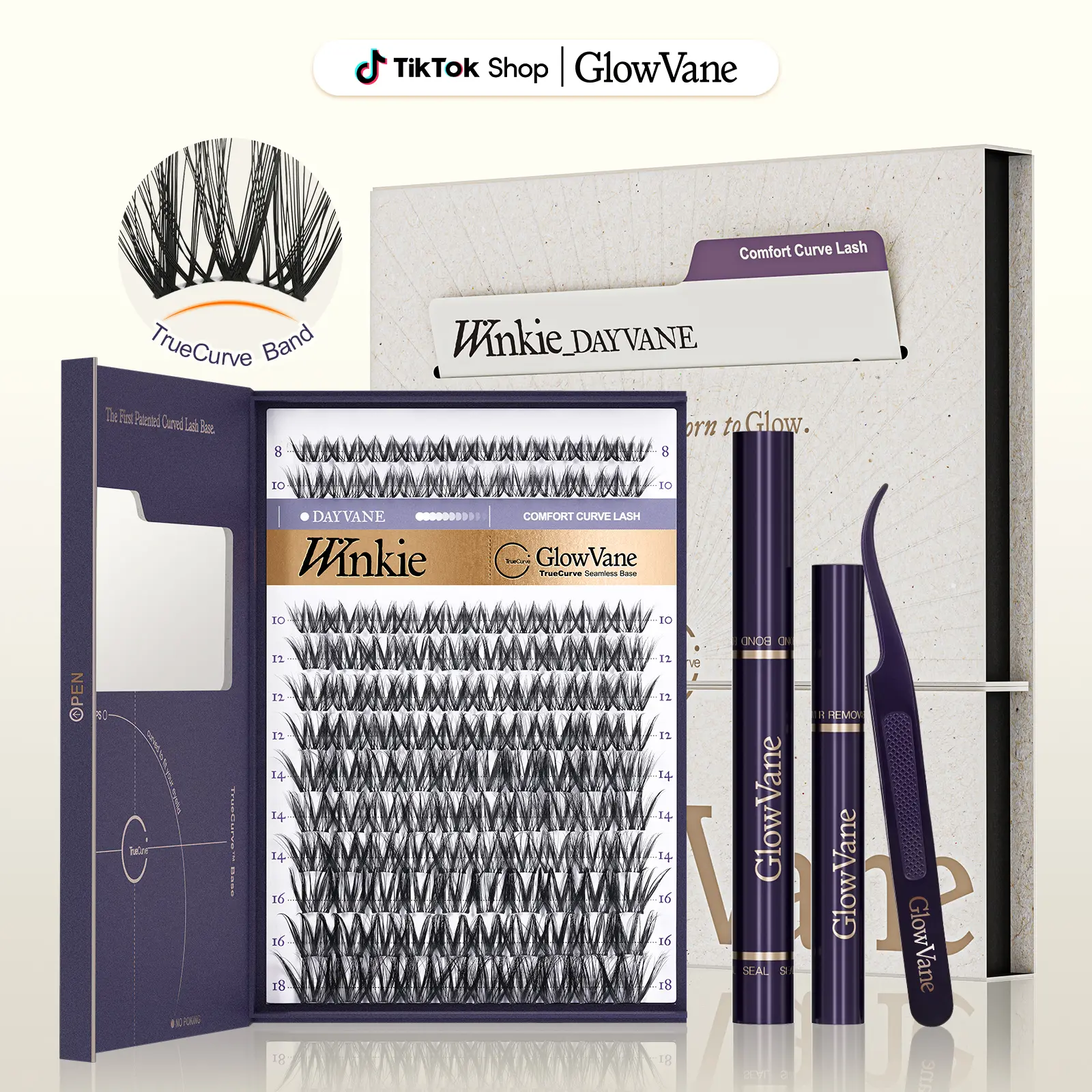 GlowVane TrueCurve Eyelash Clusters Kit | 0.03mm Curved Band Soft Fluffy Rich Girl Lashes 8-18mm DD Curl DIY Lash Extensions for Beginners Seamless Eye Fit Zero Strain (FS1)