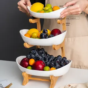 NEW-Modern 3-Tier Oval Fruit Basket with Bamboo Stand, Durable Polypropylene Kitchen Storage Rack for Fruits Vegetables Snacks Bread, Countertop Display Riser Serving Tray with Natural Bamboo Finish for Home Kitchen Party Decor Organizer