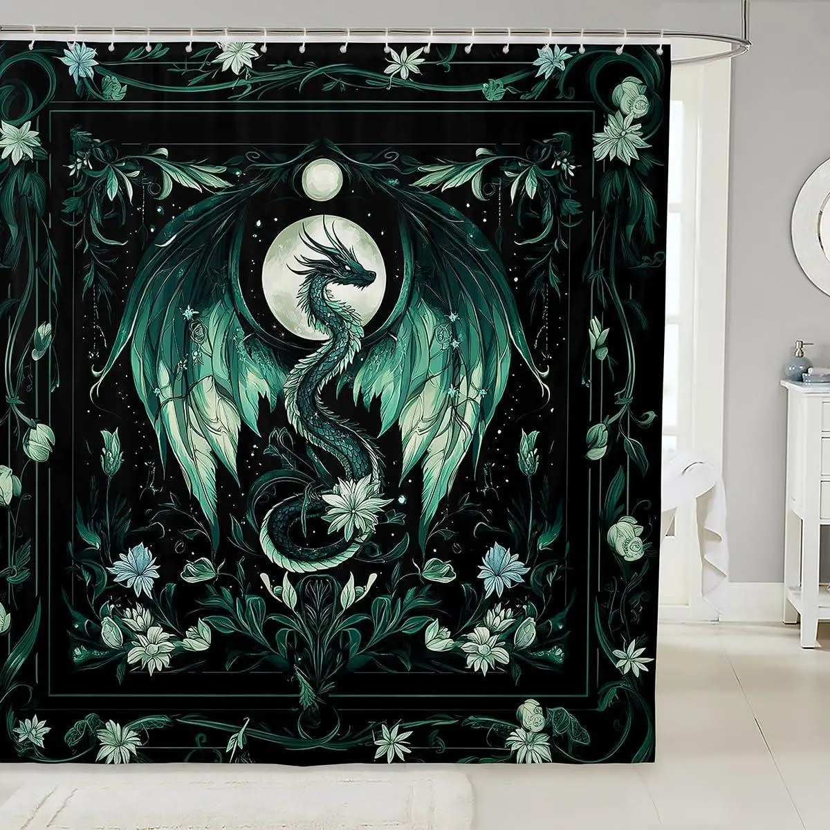 Greens Dragon Bath Curtain Flying Dragon Shower Curtain Moon Bathroom Shower Curtain Set Boho Bathroom Accessories Adult Bedroom Decor
