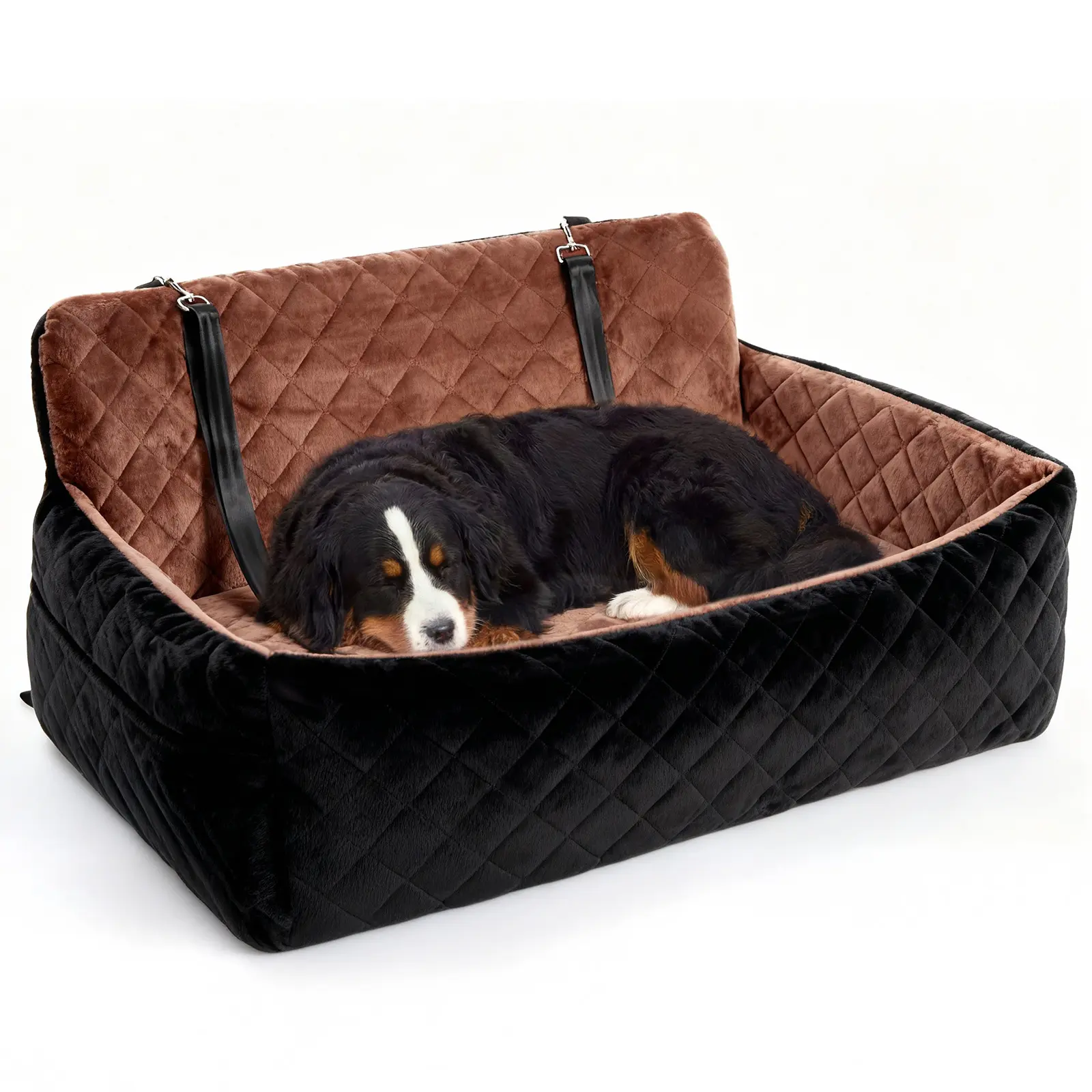 Large Pet Memory Foam Dog Car Seat Bed - Fabric Cover, Washable, 2 Safety Leashes, Non-Slip Base, Storage Pockets, 31.5"l x 19.7"w x 15.7"h - for Car Travel, Camping, SUV, Sedan, Hotel Use