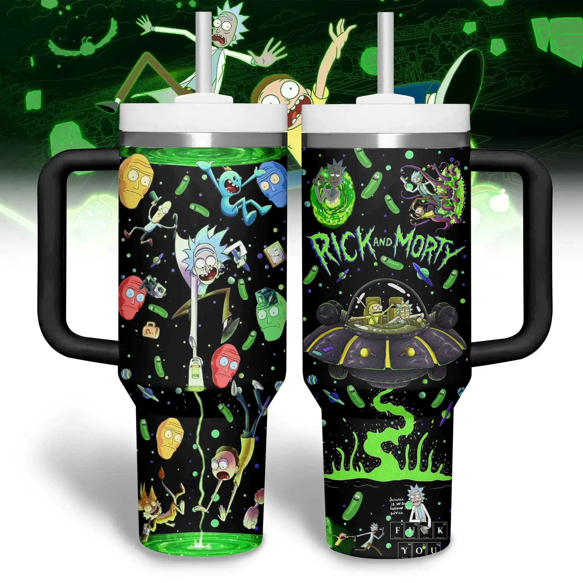 Rick and Morty Tumbler 40oz With Handle & Straw, Pickle Rick Fan Gift, Insulated Ice Cup with Straw Double Wall Vacuum Insulated Travel Mug, Eco-Friendly, Gift for Your Health