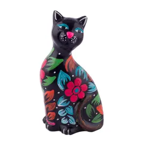 NOVICA Artisan Handmade Ceramic Figurine of Floral Black Cat from Peru Multicolor Sculpture Painted [3.9in H x 2.2in W x 1.6in D] ' Sweet Cat in Black'