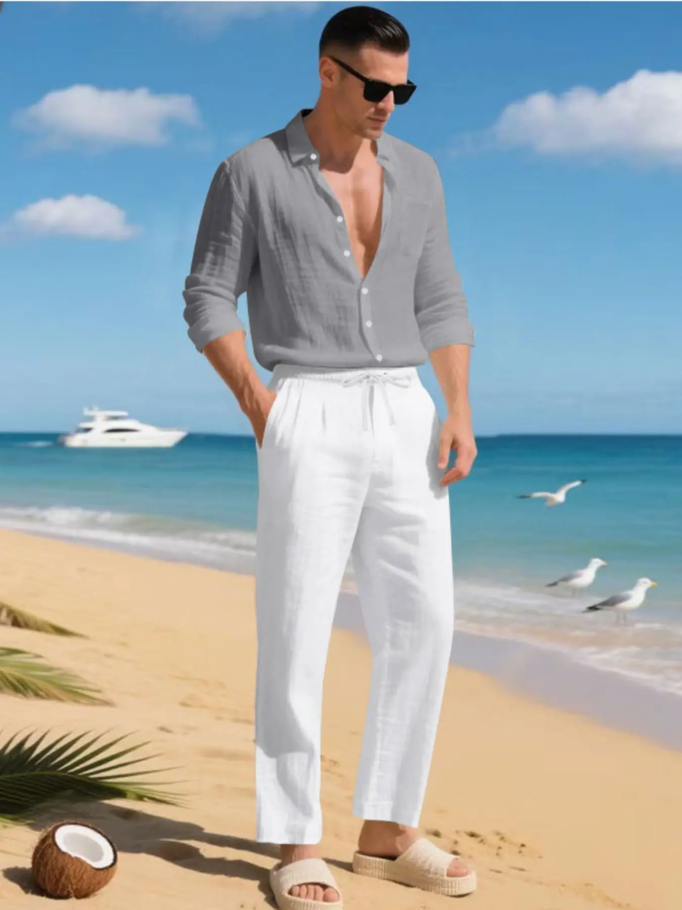 Men's loose natural linen suit, stylish fully-closed-front shirt + elastic waist straight-leg pants, casual outdoor vacation style, loose fit, breathable fabric, suitable for daily wear and beach vacationing, trendy casual men's clothing Trouser