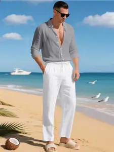 Men's loose linen suit, stylish fully-closed-front shirt + elastic waist straight-leg pants, casual outdoor vacation style, loose fit, natural breathable fabric, suitable for daily wear and beach vacationing, trendy casual men's clothing